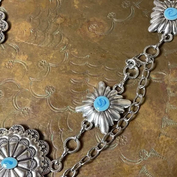 Spring Boho EASTER Gift Southwest Silver Chain belt adjustable 48” Turquoise - Picture 5 of 16